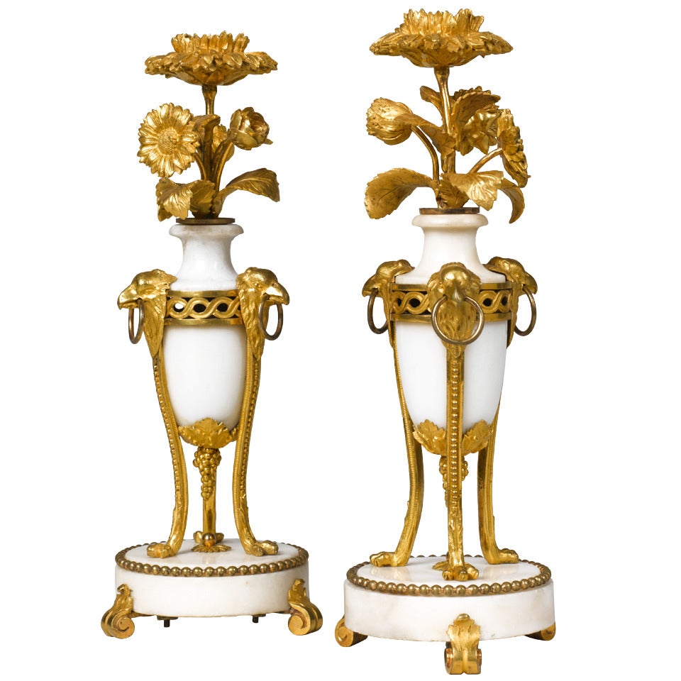 Pair of Late 18th c. Louis XVI Ormolu and White Marble Candelabra
