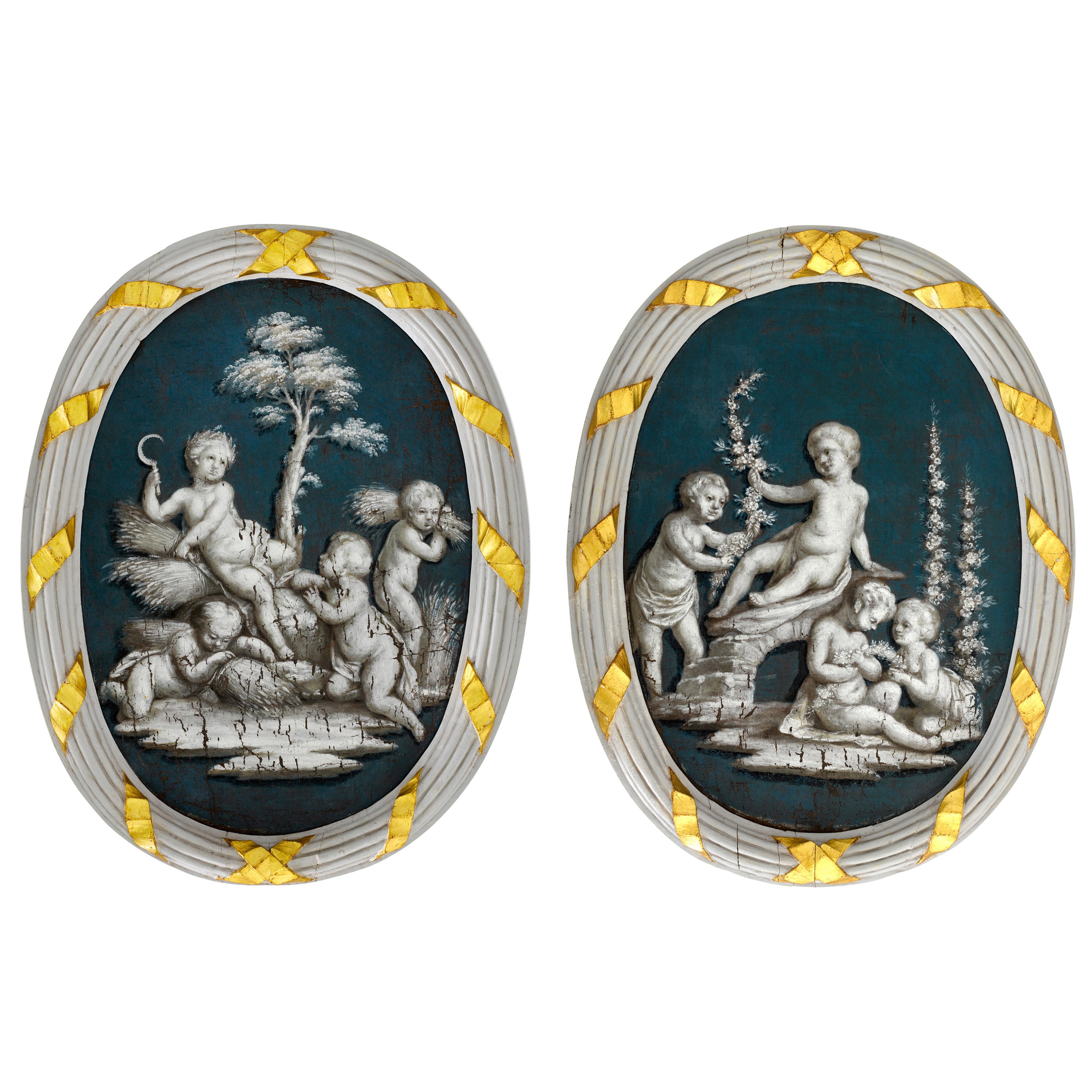 Pair of French 18th Century Oval Grisaille Paintings of Spring and Summer