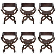 Antique Set Of Six Italian Renaissance Style Walnut Folding Chairs