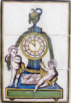 Vintage Unusual Late 18th Century Dutch Polychrome Tile Picture of a Clock