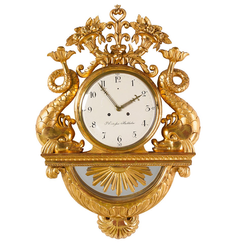 19th Century Swedish Gilded Wall Clock with Dolphins, Signed Ericsson Stockholm For Sale