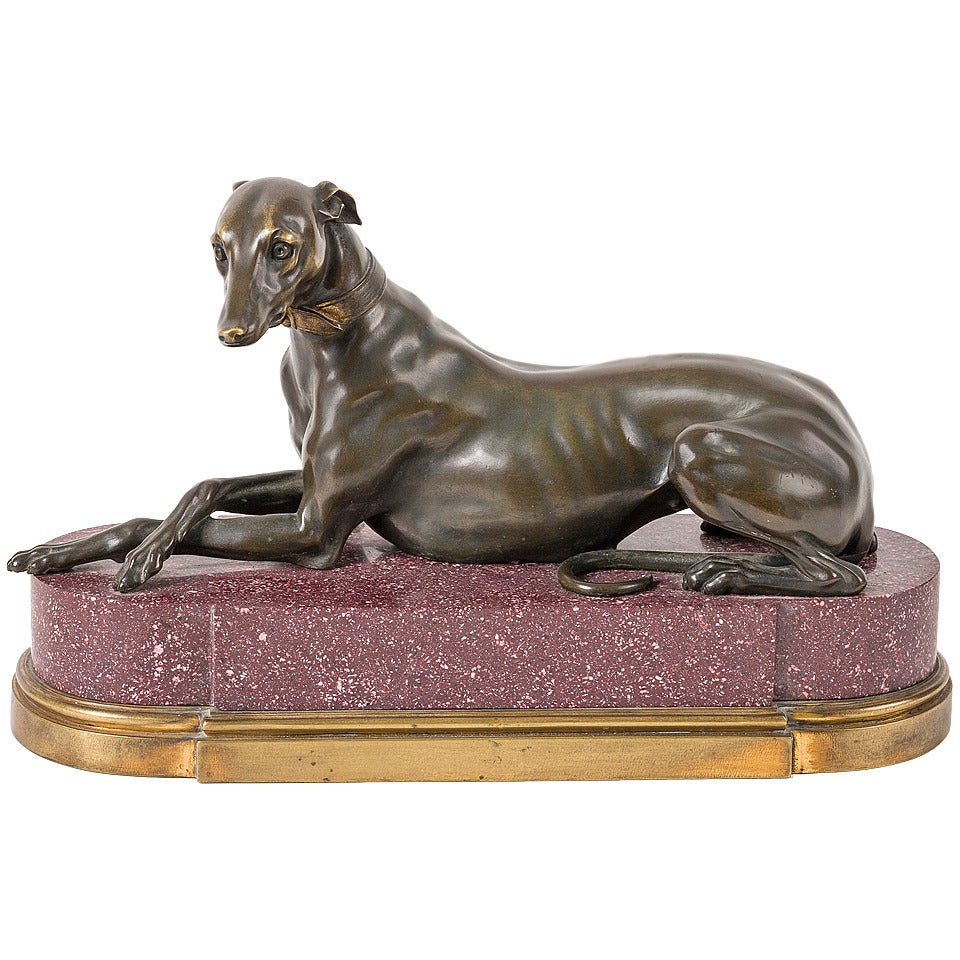 Elegant Early 19th Century French Bronze Figure of a Greyhound on Porphyry Base