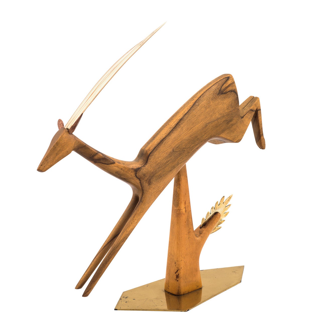Werkstatte Hagenauer Pouncing Gazelle Brass and Wood figurine circa 1960