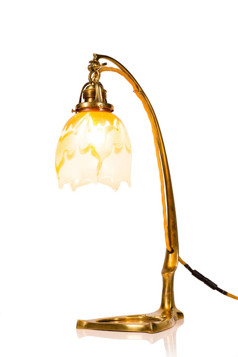 Australian Loetz Brass Table Lamp Bellflower Shade Gorgeous Color, circa 1901