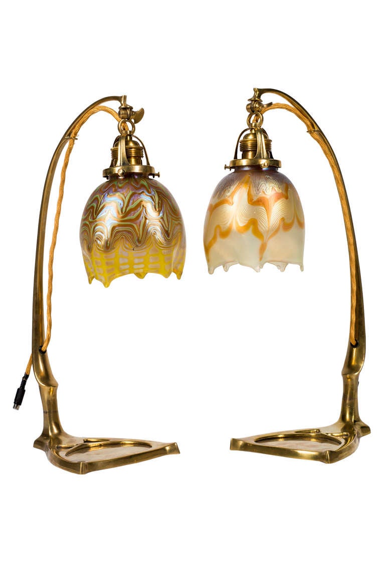 20th Century Loetz Brass Table Lamp Bellflower Shade Gorgeous Color, circa 1901