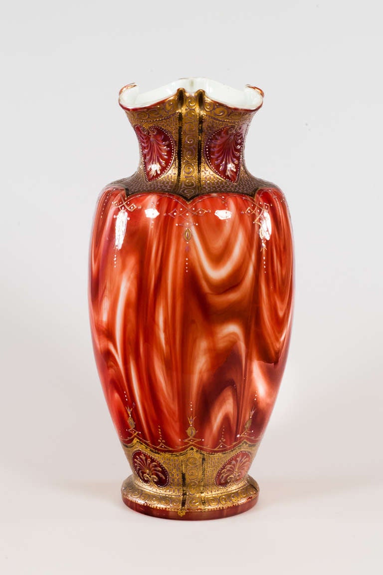 Vases which bear the Carneol decoration are among the most beautiful semi-precious gem imitations made by Johann Lötz Witwe. At the time of their production the objects made by Johann Loetz Witwe met up the taste of the European audience and brought