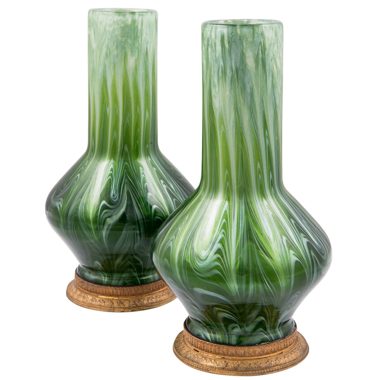 Rare Mounted Loetz Vases, Pair of Titania Gre 5032, circa 1907