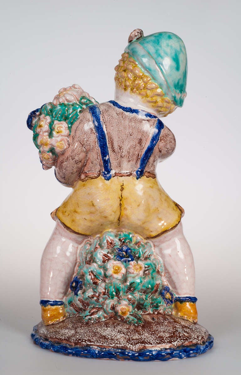 Art Nouveau Austrian Steyr Sommerhuber Styrian Putto with Lederhose and Flowers, circa 1925