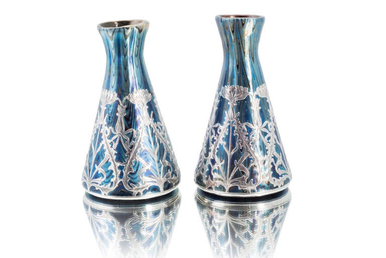 Very Early Pair Loetz Vases with Silver Overlay and Red Undercoat ca. 1895 In Excellent Condition In Vienna, AT