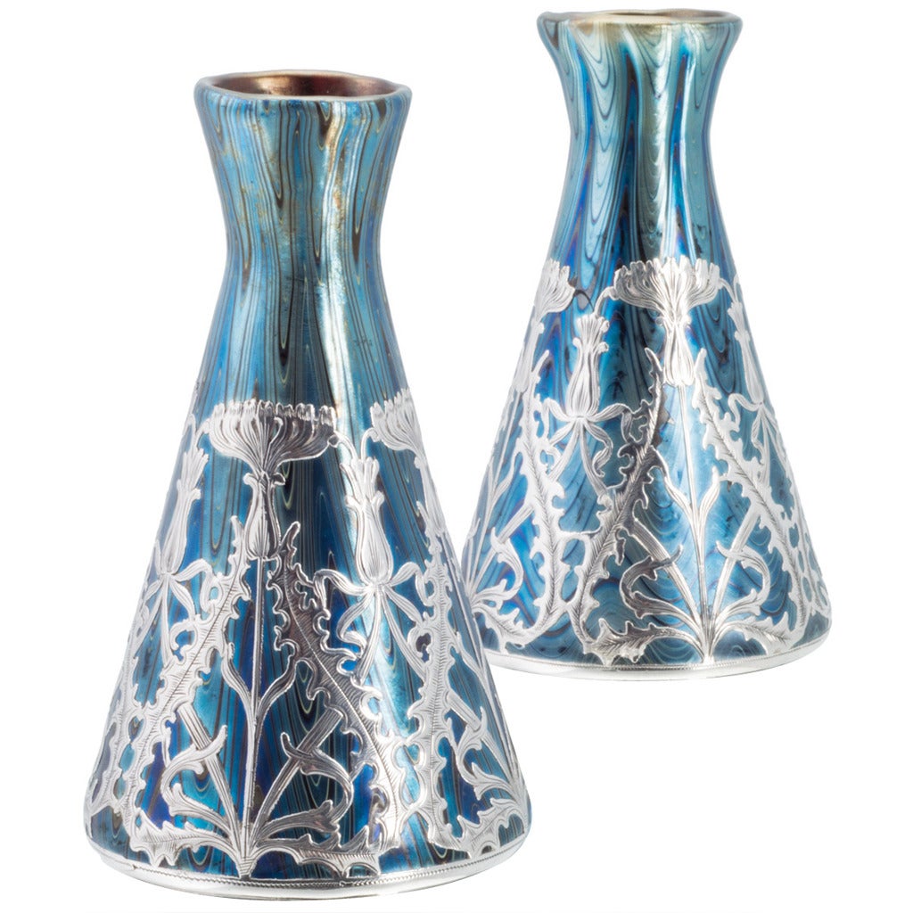 Very Early Pair Loetz Vases with Silver Overlay and Red Undercoat ca. 1895