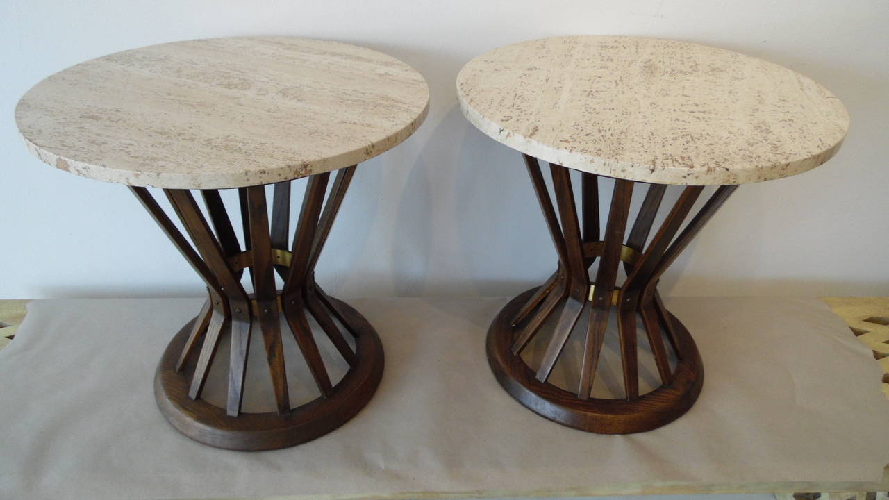 A fine matching pair of Edward Wormley for Dunbar sheaf of wheat tables. These tables come from the original owner from the 1950s. Each retains its original gold 