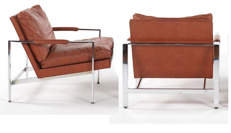 Rare chairs by Milo Baughman with original Thayer Coggin labels. Chrome with leather cushions.