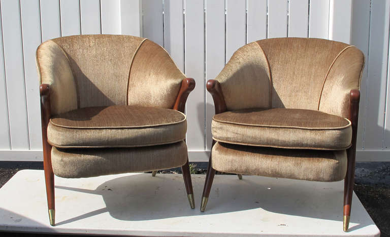Modern style Karpen chairs. Later upholstery in usable condition. Wood refinished.