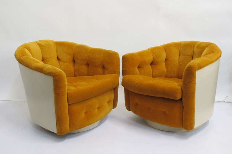 Milo Baughman Thayer Coggin pr. Swivel Chairs with lacquered wooden backs.