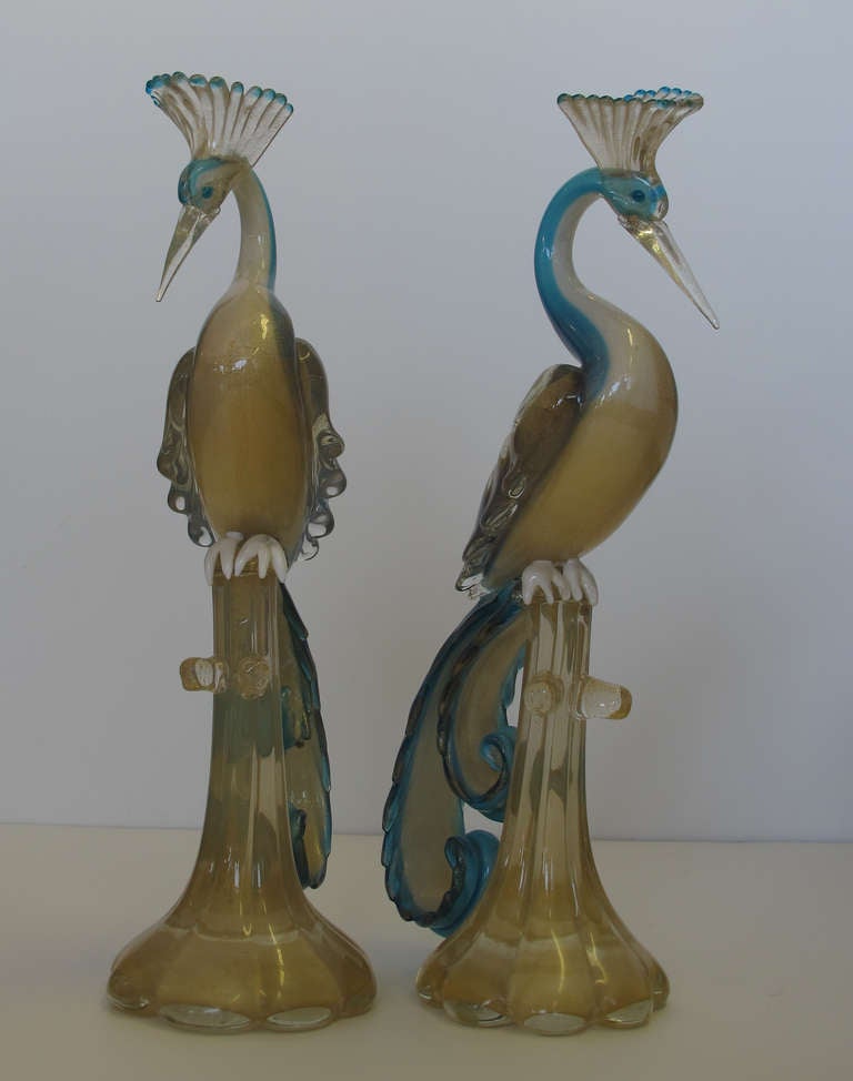 Hand blown Murano birds in gold, white, blue