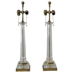 Vintage Neoclassical Glass and Brass Column Lamps