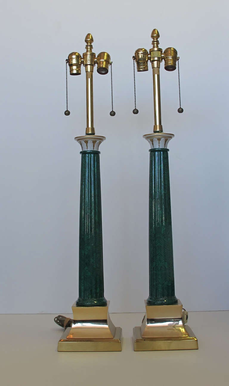 Pair Marbro Column lamps. Ceramic columns with a green swirl marble look. Very high quality lamps as you would expect in a Marbro lamp.