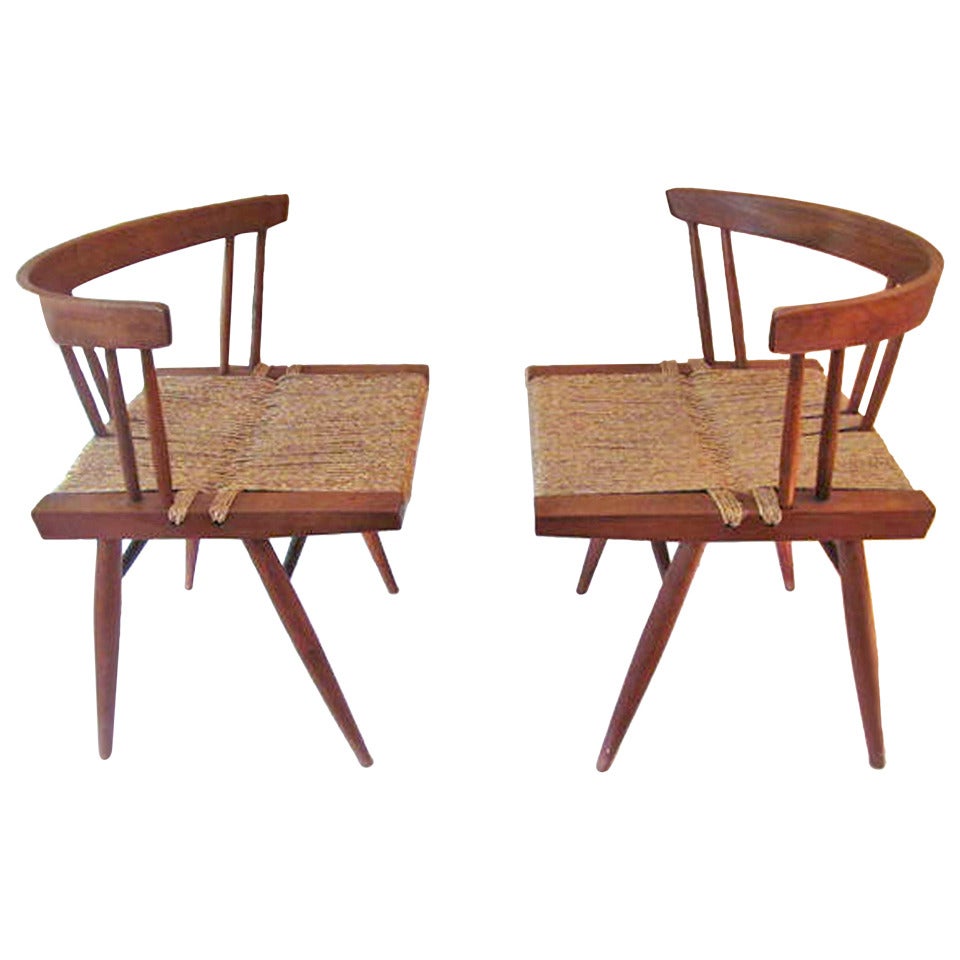 Pair Nakashima grass seat dining chairs