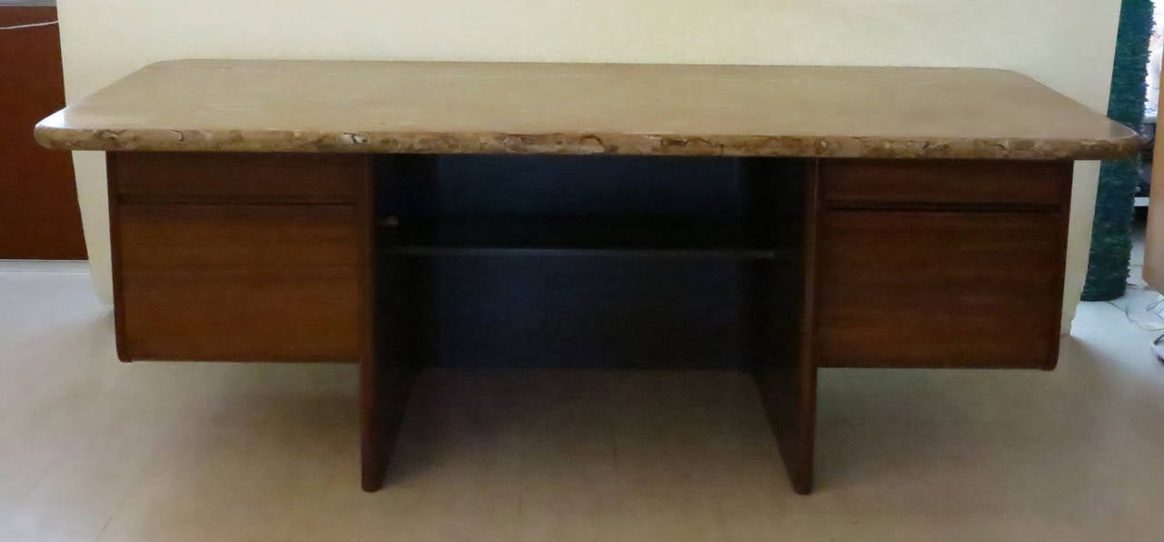 A rare and unusual find. This marble-top desk by Vladimir Kagan retains its original label. Wonderful original marble-top.
