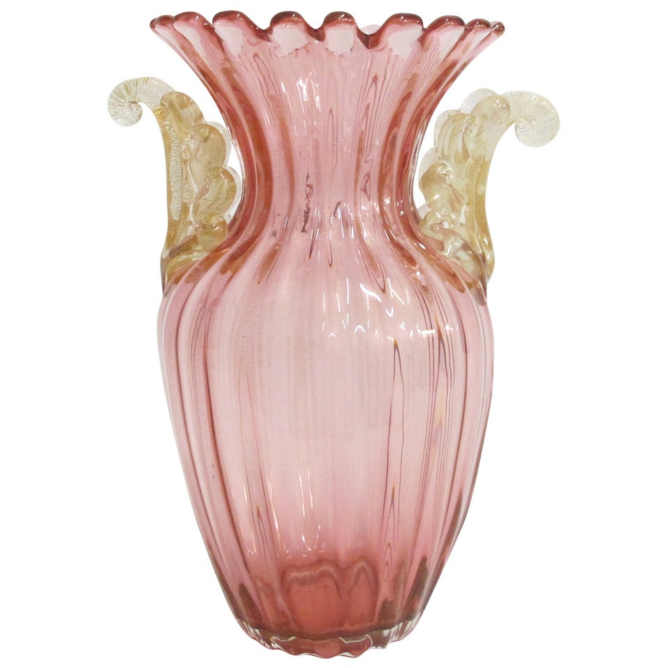 Archimede Seguso Murano Vase with Leaf Handles