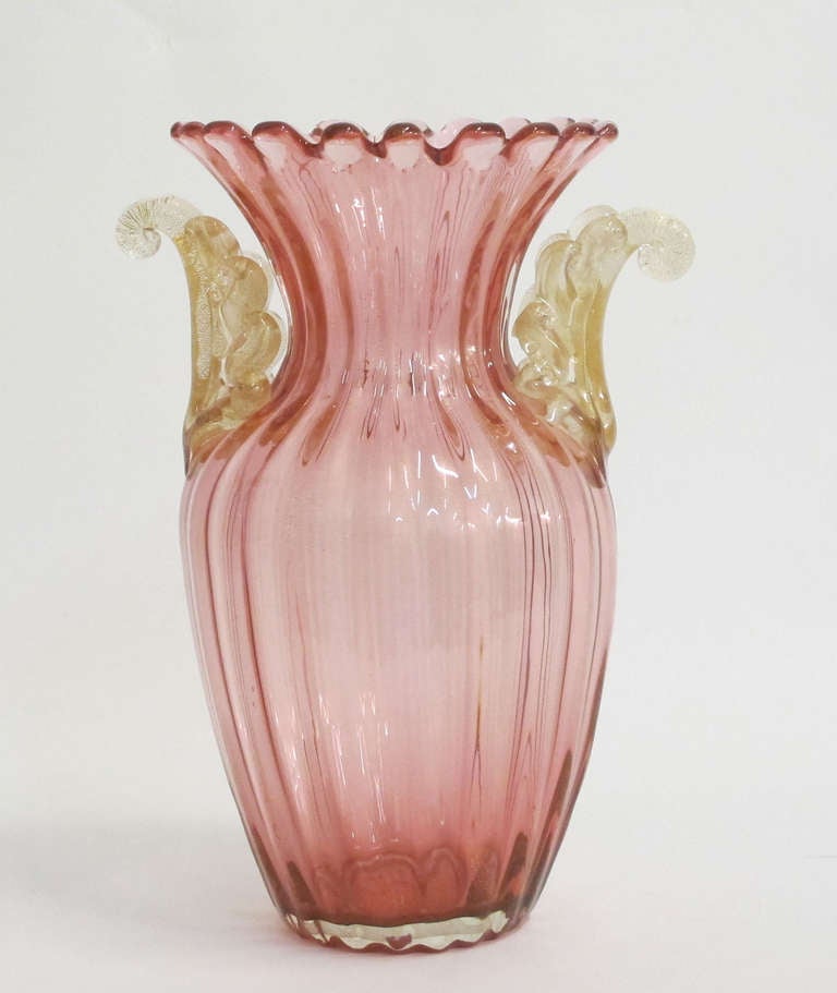 Italian Archimede Seguso Murano Vase with Leaf Handles