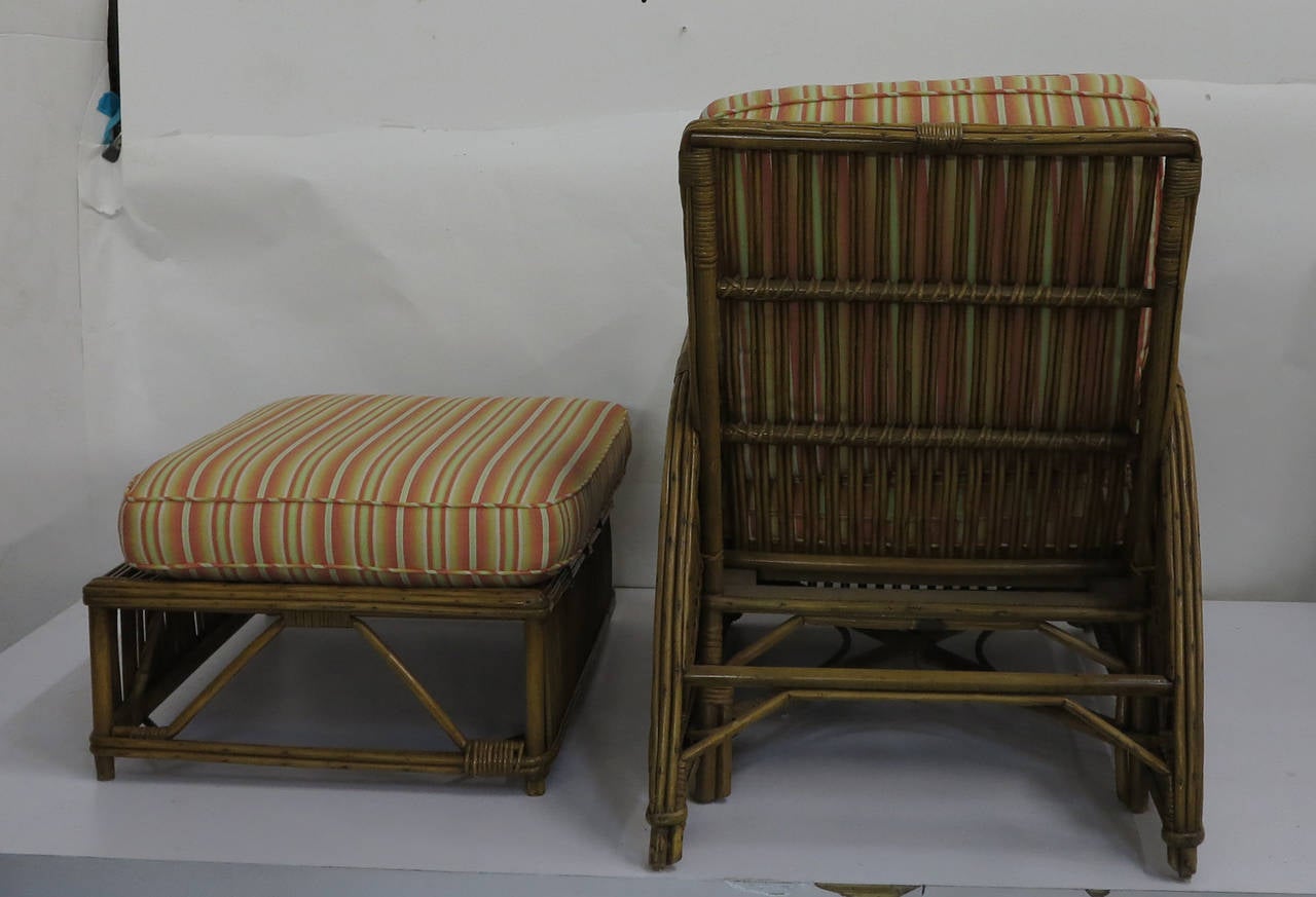 Stick wicker lounge chair with ottoman. Art Deco rattan lounge chair.