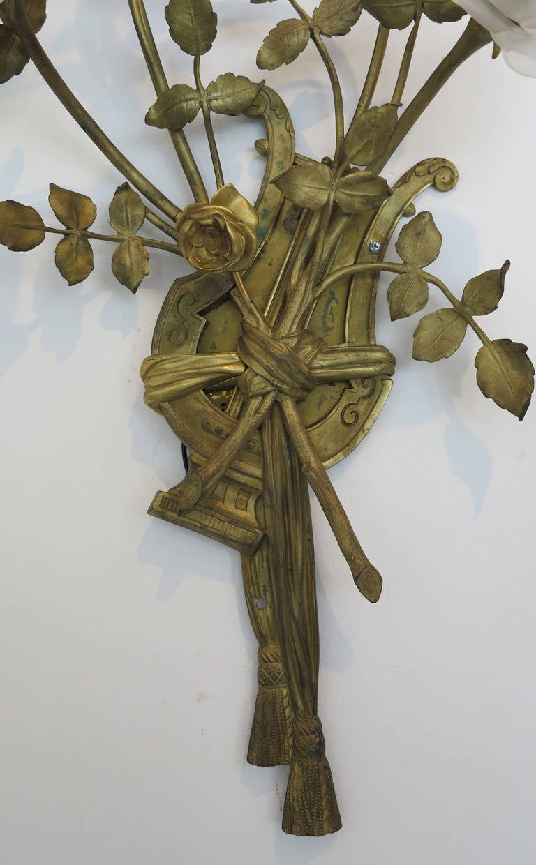 20th Century Pair of Bronze Rose Branch Wall Sconces