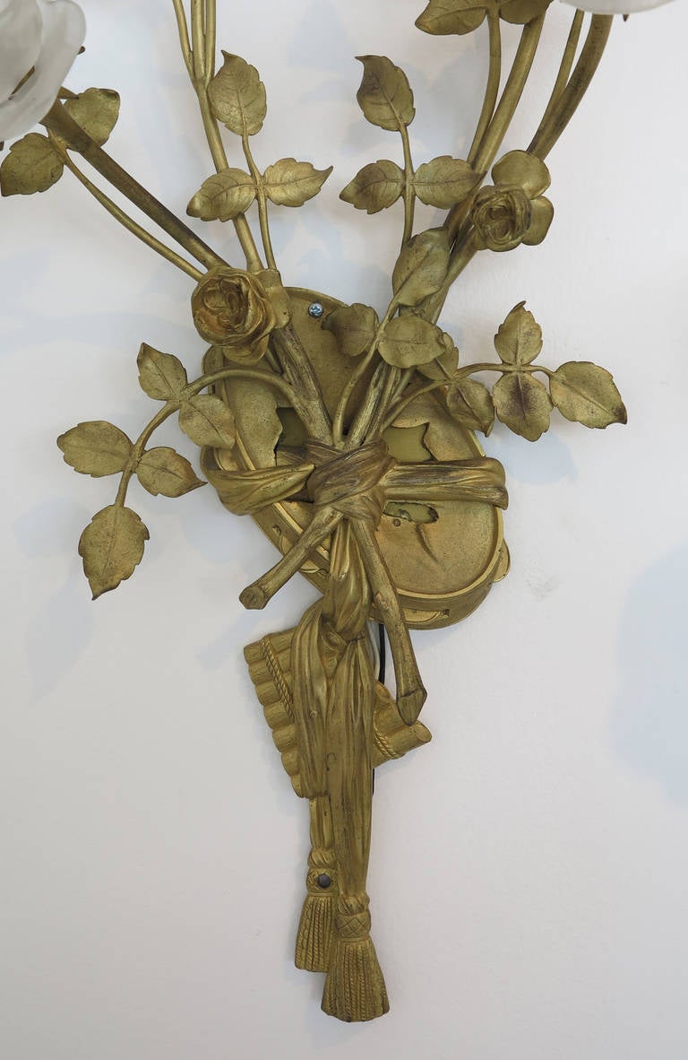 Metal Pair of Bronze Rose Branch Wall Sconces
