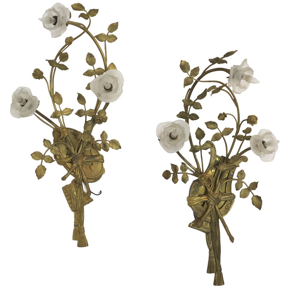 Pair of Bronze Rose Branch Wall Sconces