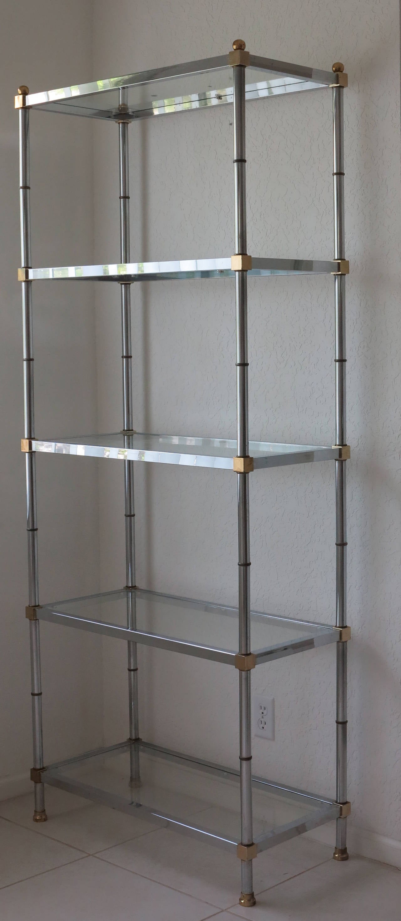 Chrome and Brass Etagere Glass Shelves. Style of Maison Jansen.