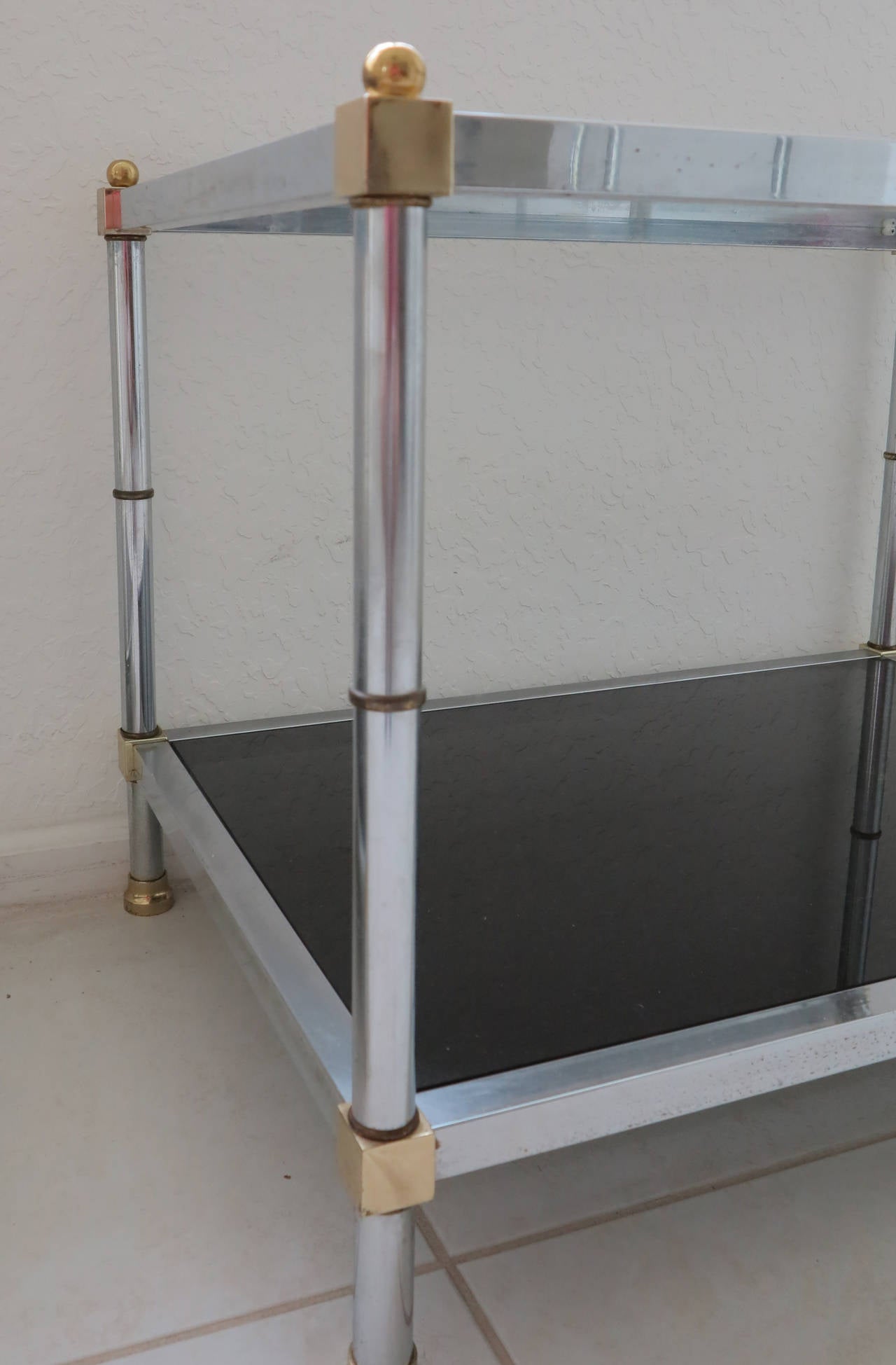 Mid-Century Modern  Side End Tables Brass Chrome Clear Glass tops with smoked glass in bottom. In the style of Milo Baughman.