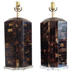 Karl Springer Style Pair of Table Lamps in Tesselated Horn