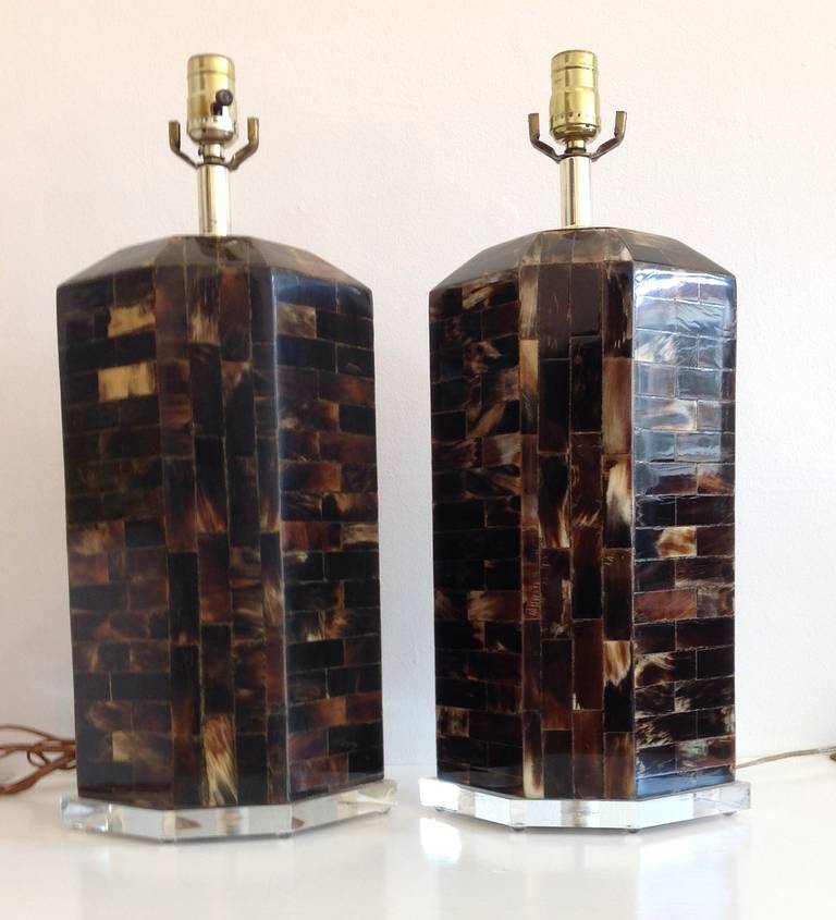 Karl Springer Style Pair of Table Lamps in Tesselated Horn