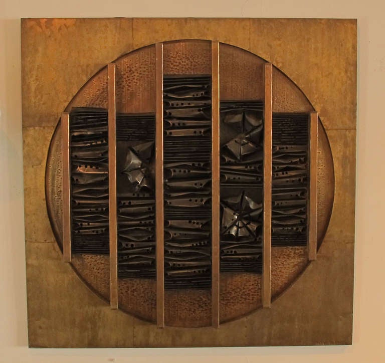 Large brass and wood wall sculpture by Paul Vanders.