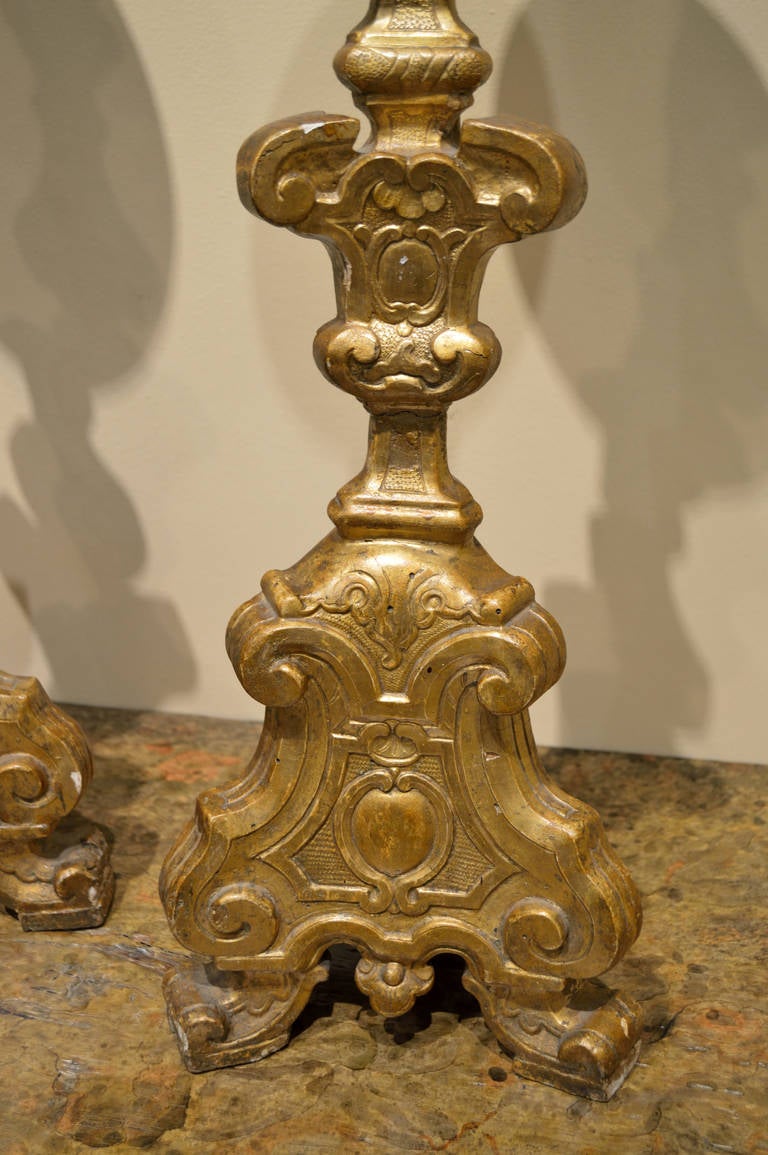 French Pair of Louis XIV Antique Gilded Candleholders