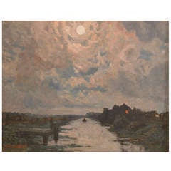 „Moonlight by the Lys River“, Ölgemälde auf Leinwand
