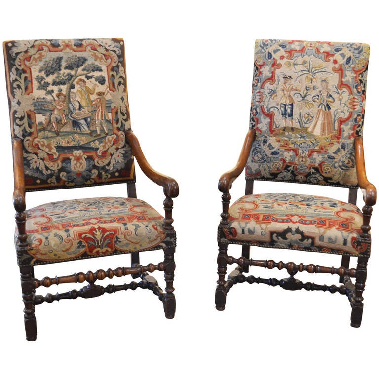 Two Antique Louis XIV Style Chairs with 17th Century Tapestry at 1stDibs
