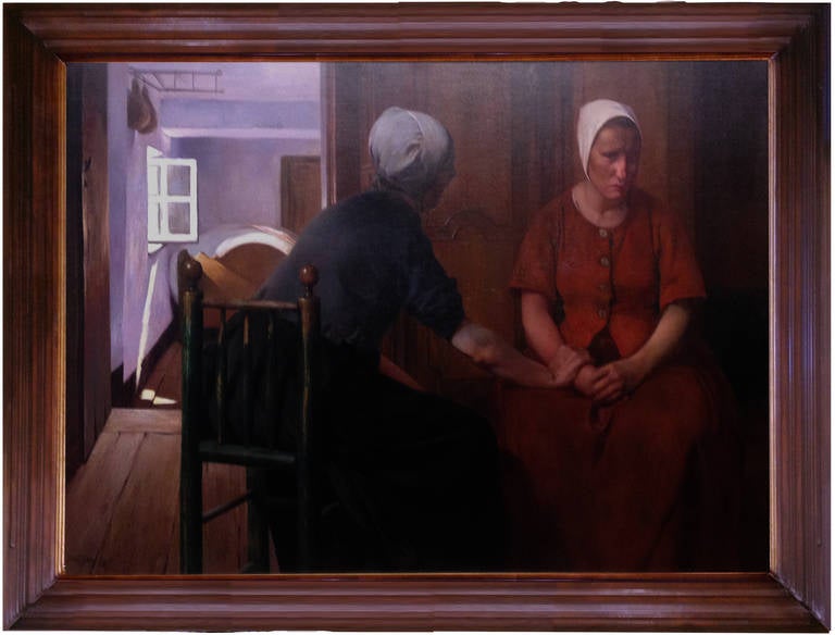 This is an emotional and beautifully executed painted by the Belgian master, Firmin Baes, know for his stunning lights renderings in his pastels and paintings.
This oil on canvas was painted in the year 1900, with the title and date on the back of