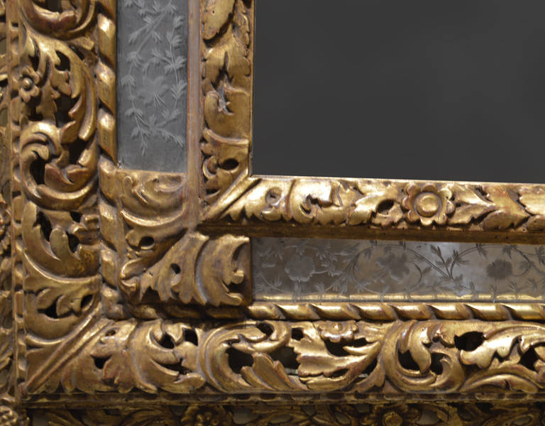 17th Century Louis XIII French Antique Gilded Mirror with Original Lateral Glass In Good Condition In Los Angeles, CA