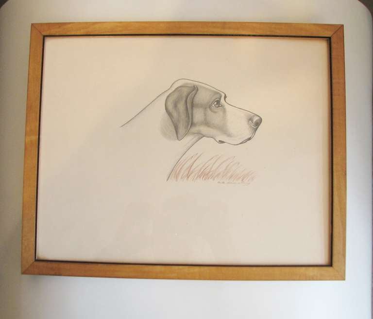 Mid-Century Modern Pair of Charcoal Dog Drawings by Hessisley