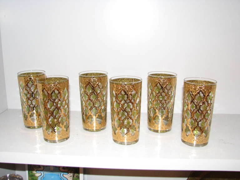 Set of 6 gold and green glasses with Moroccan design