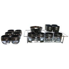 Retro Set of 15 Silver Rimmed Glasses and Ice Buckets