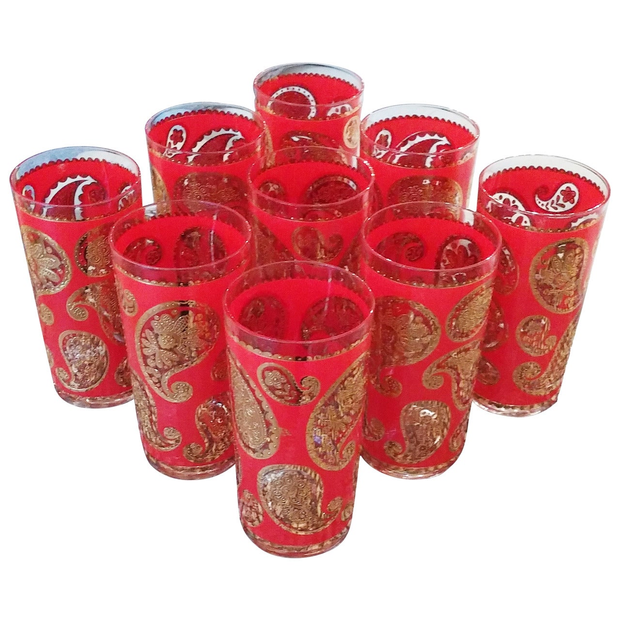 Set of Nine Red and Gold Glasses