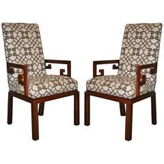 Pair of Greek Key Arm Chairs with Chinese Chippendale Fabric