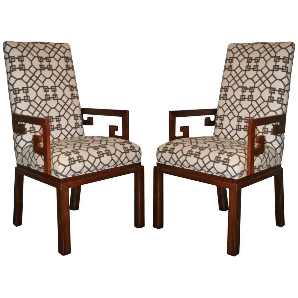 Pair of Greek Key Arm Chairs with Chinese Chippendale Fabric