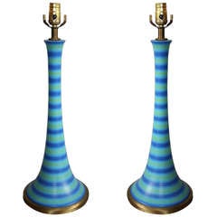 Pair of Mid Century Modern Blue Striped Lamps