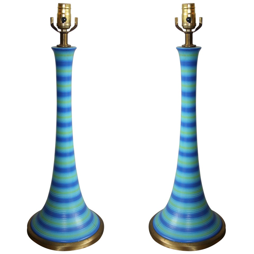 Pair of Mid Century Modern Blue Striped Lamps