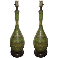 Pair of Italian Green and Yellow Pottery Lamps