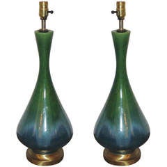 Pair of Green and Blue Drip Pottery Lamps