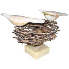 Rare Curtis Jere mixed-material Sculpture Bird Nest, Birds and Eggs; signed. 1